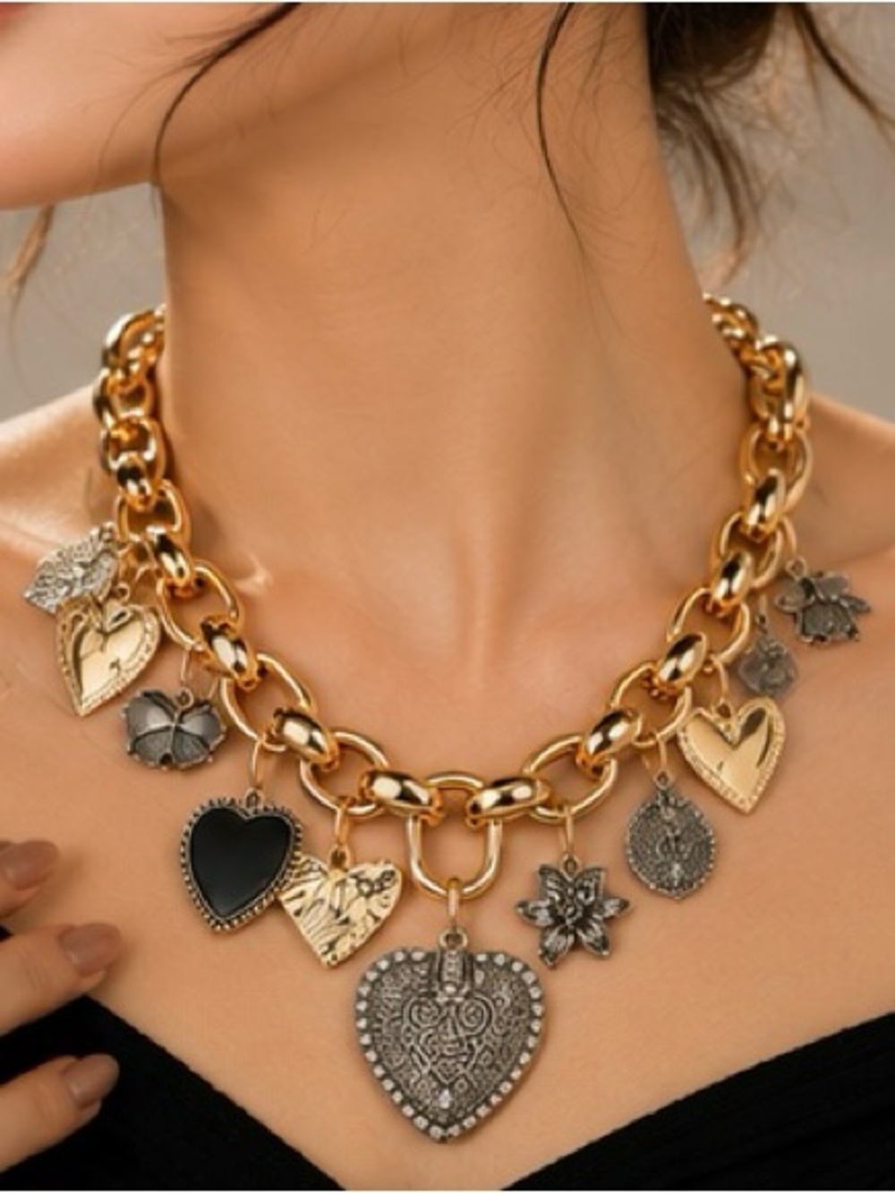 Gold Charm Chain Necklace Mixed Heart Charms Statement Chunky Necklace
